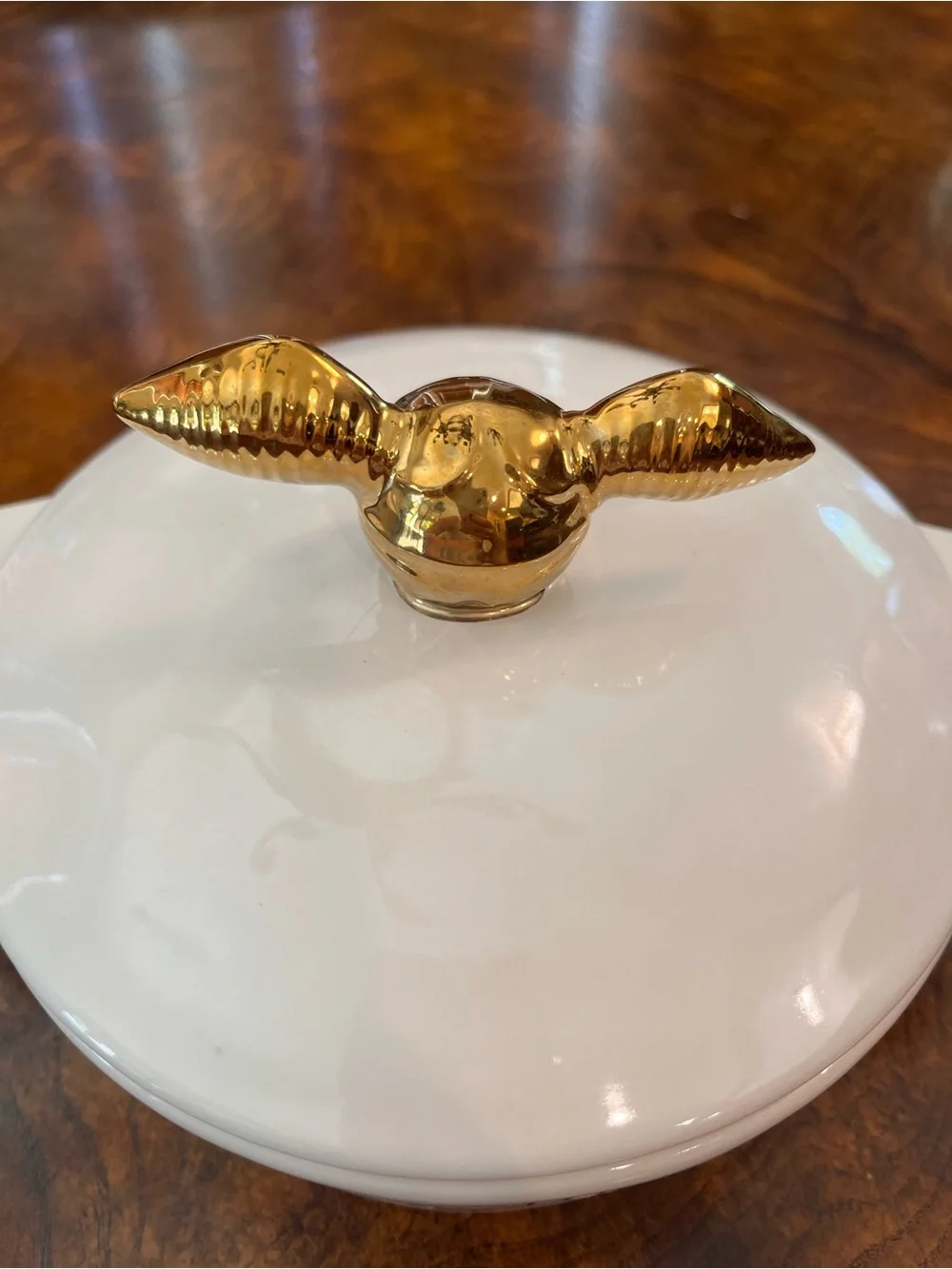 Rae Dunn White Ceramic Covered Dish with Gold Handle